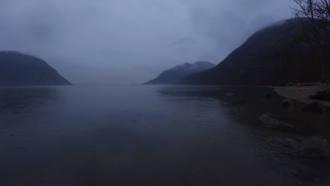 Stunning-low-cloud-and-fog-time-lapse-over-the-beautiful-Hudson-River-and-Appalachian-Mountains-on-an-atmospheric-rainy-day