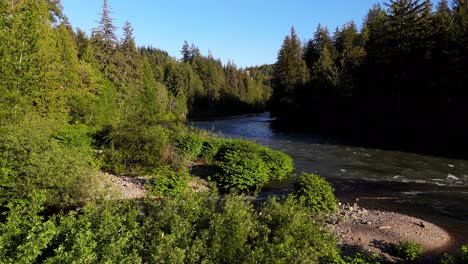 Beautiful-scenic-shot-of-flowing-creek-and-Snoqualmie-River-in-Evergreen-forest-in-Washington-State