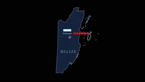 Stylized-Belize-map-with-Belmopan-capital-city-and-geographic-coordinates-on-black-background