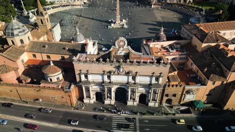 Birds-Eye-Aerial-View-of-Porta-del-Popolo,-Piazza-del-Popolo