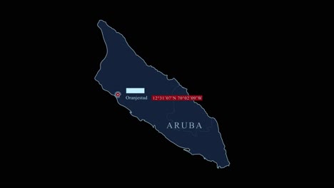 Stylized-Aruba-map-with-Oranjestad-capital-city-and-geographic-coordinates-on-black-background