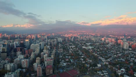 Aerial-panorama-of-the-wealthy-Las-Condes-commune,-sunset-in-Santiago-de-Chile