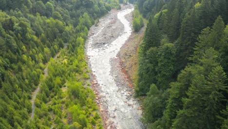 Mountain-river-stream-surrounded-by-trees-forest-in-Spruga,-Switzerland,-aerial