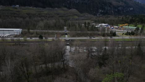 Aerial-highway-motorway,-Weesen,-Switzerland,-mountains-and-forest-nature