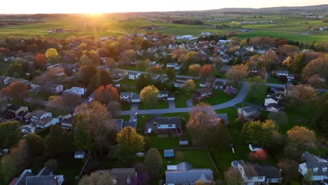 Quaint-neighborhood-in-rural-american-landscape-at-golden-sunset