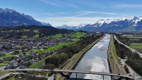 Aerial-view-of-Rhine-river-as-Switzerland-and-Liechtenstein-border