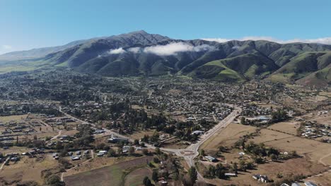 Aerial-view-of-the-urban-area-in-the-town-of-Tafí-del-Valle-in-the-agricultural-province-of-Tucumán,-northwest-Argentina