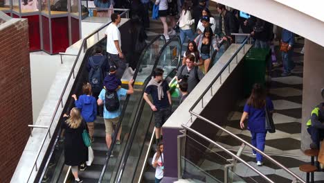 Large-crowds-of-people-taking-the-escalators-up-and-down-during-rush-hours-at-Melbourne-Central-Station,-a-shopping-and-commercial-precinct-in-downtown-area