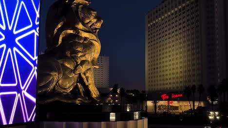 Las-Vegas-USA-at-Night,-Former-Tropicana-Casino-Hotel-and-Leo-The-Lion-of-MGM-Grand