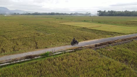 Vista-Por-Drones-De-Un-Motociclista-Conduciendo-Una-Motocicleta-En-Una-Zona-De-Arrozales-Con-Vistas-A-La-Montaña-Y-Un-Ambiente-Rural