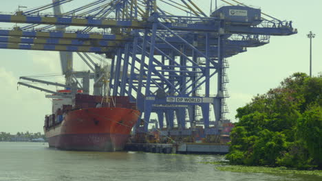 DP-world-container-terminal-in-kochi,-a-cargo-ship-waiting-for-loading-,crane-and-containers-loading-containers-in-cargo-ship