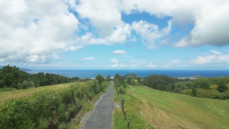 Scenic-path-leading-to-Lagoa-do-Fogo-with-lush-greenery-and-ocean-view-under-a-bright-blue-sky