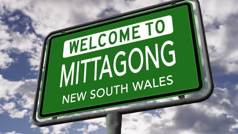 Welcome-to-Mittagong,-New-South-Wales,-Australia,-City-Road-Sign,-Realistic-3D-Animation