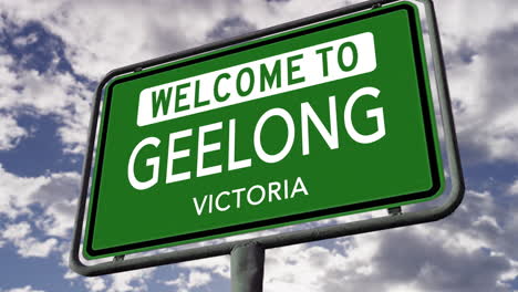 Welcome-to-Geelong,-Victoria,-Australia,-City-Road-Sign,-Realistic-3D-Animation