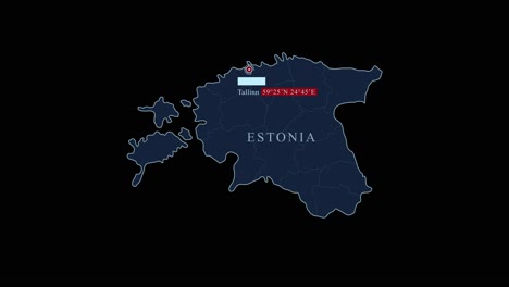 Stylized-Estonia-map-with-Tallinn-capital-city-and-geographic-coordinates-on-black-background