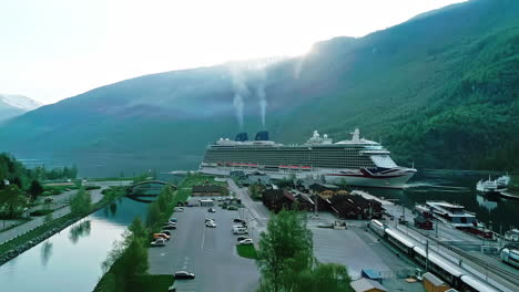 Aerial-View-of-Cruise-Ship-in-Flam-Harbor,-Norway