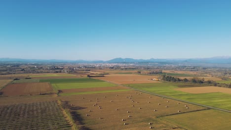 A-breathtaking-aerial-view-of-a-drone-flying-forward-over-stunning-yellow-farmland-fields-with-distant-mountains-in-the-background