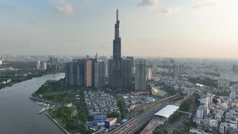 Tallest-building-Vietnam,-city-skyline,-transport-routes,-river-water