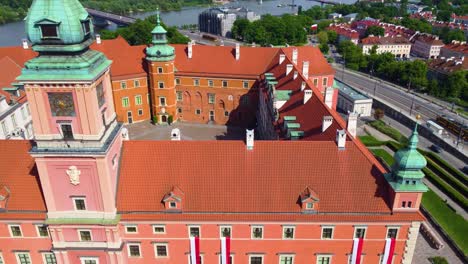 Aerial-drone-Castle-palace-square-in-Warsaw,-Poland,-European-city