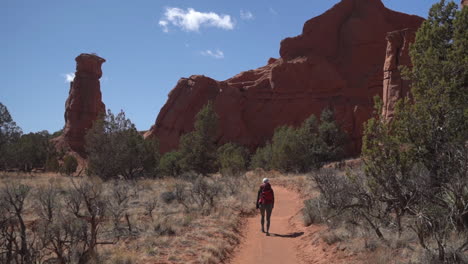 Back-View-of-Woman-With-Backpack-Walking-on-Path-in-Desert-Landscape-and-in-Front-of-Sandstone-Rock-Formations