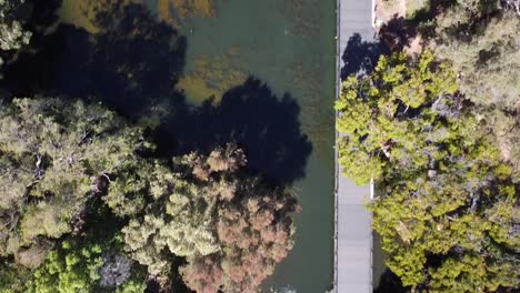 Birds-eye-view-over-lake-with-fountains-and-footbridge