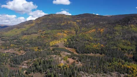 Aerial-View-of-San-Juan-National-Forest-Along-Wolf-Creek-Pass,-Beautiful-Landscape-and-Lake-on-Sunny-Day,-Colorado-USA