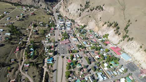 Aerial-View-of-Creede,-Colorado-USA,-Old-Mining-Town-and-Landscape-on-Sunny-Day