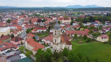 Slovenska-Bistrica,-Slovenia,-Aerial-drone-view-of-European-city-centre