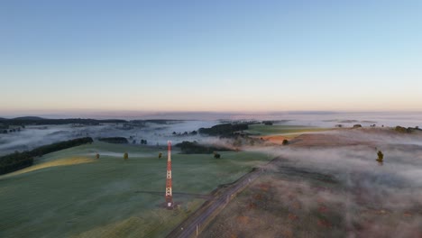 High-panoramic-view-over-a-landscape-unde-morning-fog-in-Curacautin,-Chile