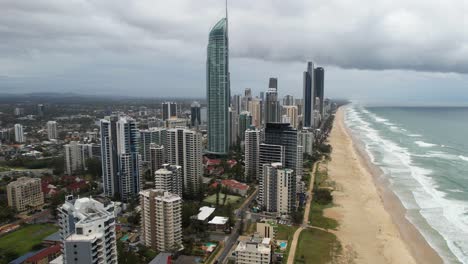 Aerial-View-of-Gold-Coast,-Surfers-Paradise-Beach-and-Beachfront-Towers,-Queensland,-Australia