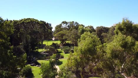 Aerial-ascending-view-over-Central-Park-Joondalup-to-reveal-city-buildings-and-lake-in-background