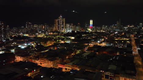 Toma-De-Seguimiento-Aéreo-Sobre-El-Paisaje-Urbano-Con-Fondo-De-Rascacielos,-Noche-En-Bogotá.