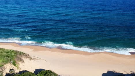 Scenic-aerial-drone-view-of-ocean-waves-crashing-on-a-bed-of-sand-surrounded-by-green-bush-and-residential-homes