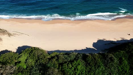 Eine-Drohne-Fliegt-über-Ein-Paar-Büsche-Mit-Blick-Auf-Den-Meeressand-Und-Schwenkt-Hinauf-Auf-Das-Meer-Mit-Wellen,-Die-An-Einen-Strand-Krachen