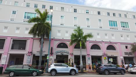 Street-view-of-colorful-buildings-and-palm-trees-in-Little-Havana,-Miami,-on-a-sunny-day