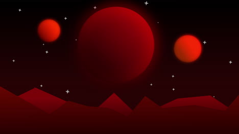 Abstract-animation-view-of-red-gradient-starry-night-sky-with-hills-and-rising-planets