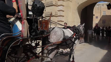 Caballo-Y-Carruaje-Que-Lleva-A-Los-Viajeros-A-Través-De-Las-Estrechas-Calles-De-Mdina,-Malta