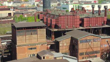 High-angle-shot-of-preserved-steel-structures-at-Volklingen-ironworks-in-Saarland,-Germany-on-a-sunny-day