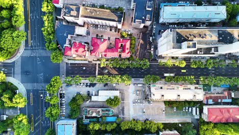 Bird's-eye-view-of-modern-streets-and-infrastructure-in-downtown-Shanghai,-China