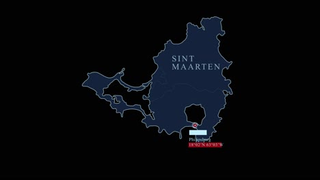 Mapa-Azul-Estilizado-De-Sint-Maarten-Con-La-Capital-De-Philipsburg-Y-Coordenadas-Geográficas-Sobre-Fondo-Negro