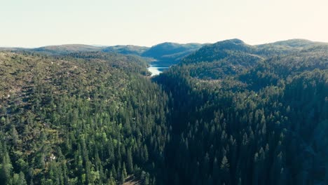 Seterdjupna,-Holtålen,-Trondelag,-Norway---A-Captivating-Vista-of-Mountains-Cloaked-in-Forest-Encircling-a-Serene-Lake---Drone-Flying-Forward