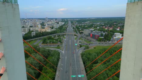 Siekierkowski-Bridge-And-Trasa-Siekierkowska-Road-In-Warsaw,-Poland---Aerial-Drone-Shot