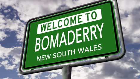 Bienvenido-A-Bomaderry,-Nueva-Gales-Del-Sur,-Australia,-Señal-De-Tráfico-De-La-Ciudad,-Animación-3D-Realista