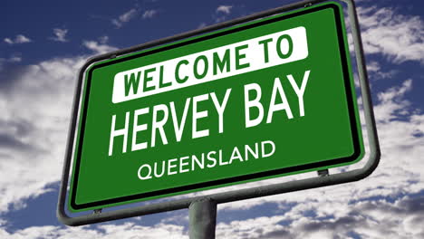 Bienvenido-A-Hervey-Bay,-Queensland,-Australia,-Señal-De-Tráfico-De-La-Ciudad,-Animación-Realista-En-3D