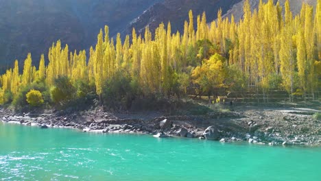 Drone-flight-over-the-valley-with-green-trees-and-a-river-in-skardu-city