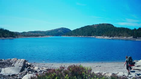 Caminante-Con-Perro-Malamute-De-Alaska-Caminando-Hacia-El-Lago-En-Noruega