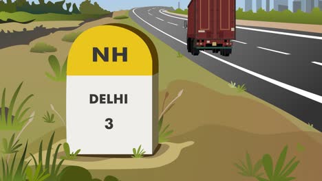 Animation-shot-of-Highway-milestone-displaying-distance-to-Delhi-city-with-Carriage-Freight-truck-passing-by-the-road