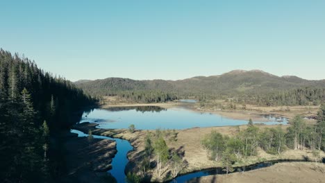 Seterdjupna,-Holtålen,-Trondelag,-Norway---A-Breathtaking-Perspective-of-a-Blue-Lake-Surrounded-by-Lush,-Forested-Mountains---Drone-Flying-Forward