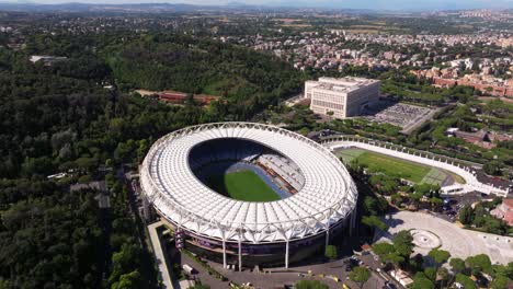 Drone-Orbits-Above-Stadio-Olimpico,-Olympic-Stadium-on-Beautiful-Summer-Day