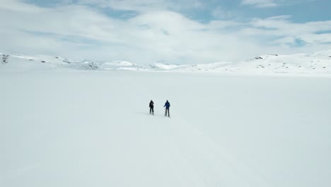 Two-people-are-cross-country-skiing-across-a-snowy-landscape-on-a-frozen-lake-in-Tyin,-Norway